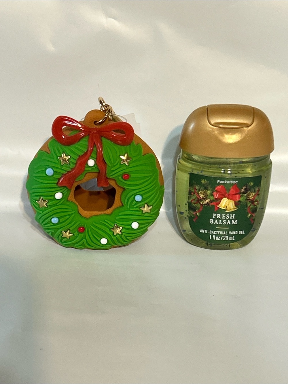 Bath & Body Works Green Wreath Keychain with Red Bow & Fresh Balsam Hand Gel